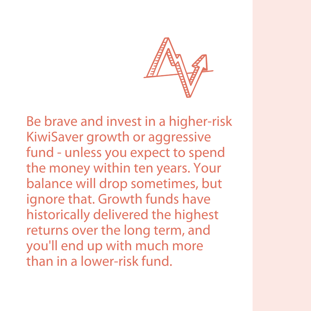 Be brave and invest in a higher-risk KiwiSaver growth or aggressive fund - unless you expect to spend the money within ten years. Your balance will drop sometimes, but ignore that. Growth funds have historically delivered the highest returns over the long term, and you’ll end up with much more than in a lower-risk fund.