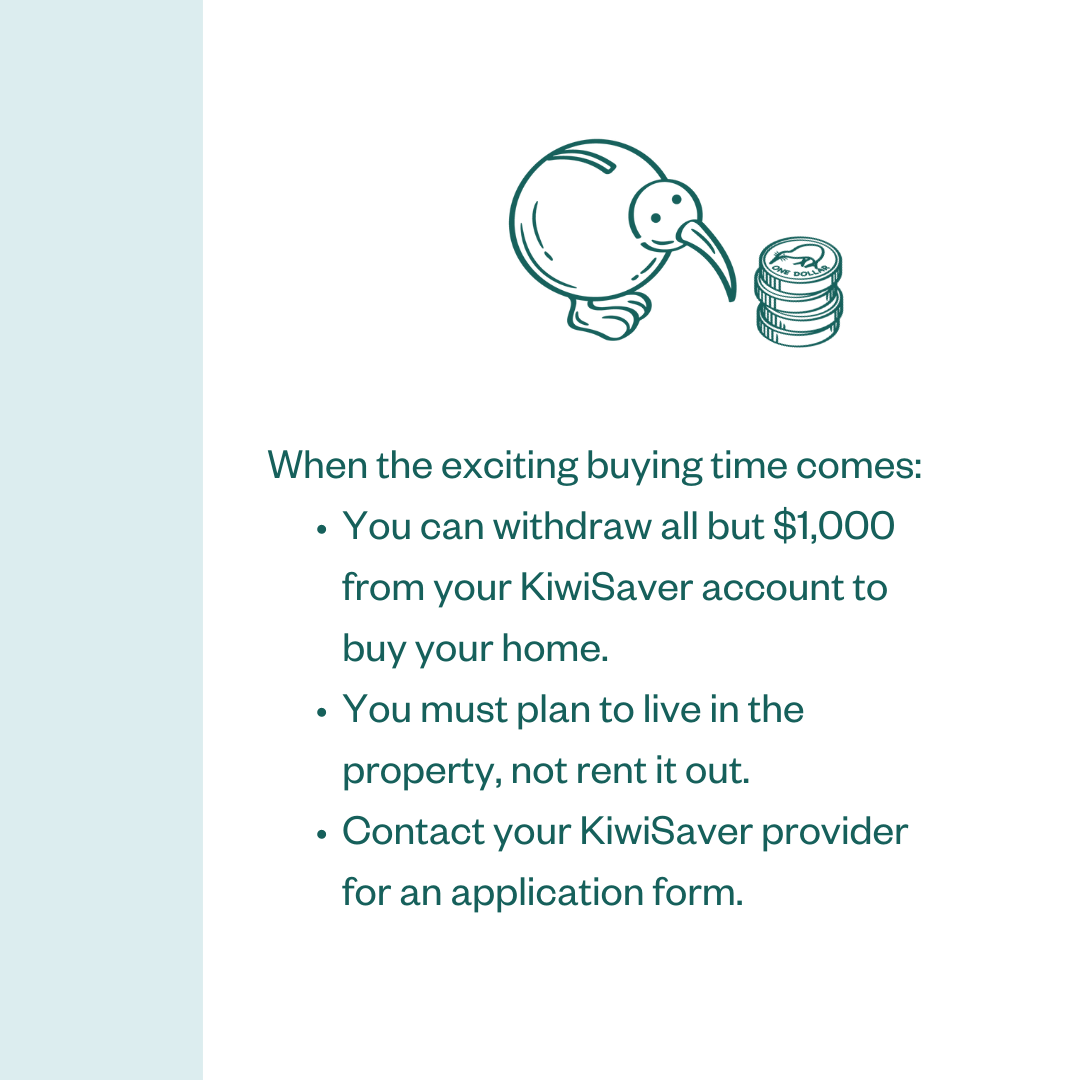 When the exciting buying time comes: • You can withdraw all but $1,000 from your KiwiSaver account to buy your home. • You must plan to live in the property, not rent it out.; • Contact your KiwiSaver provider for an application form.