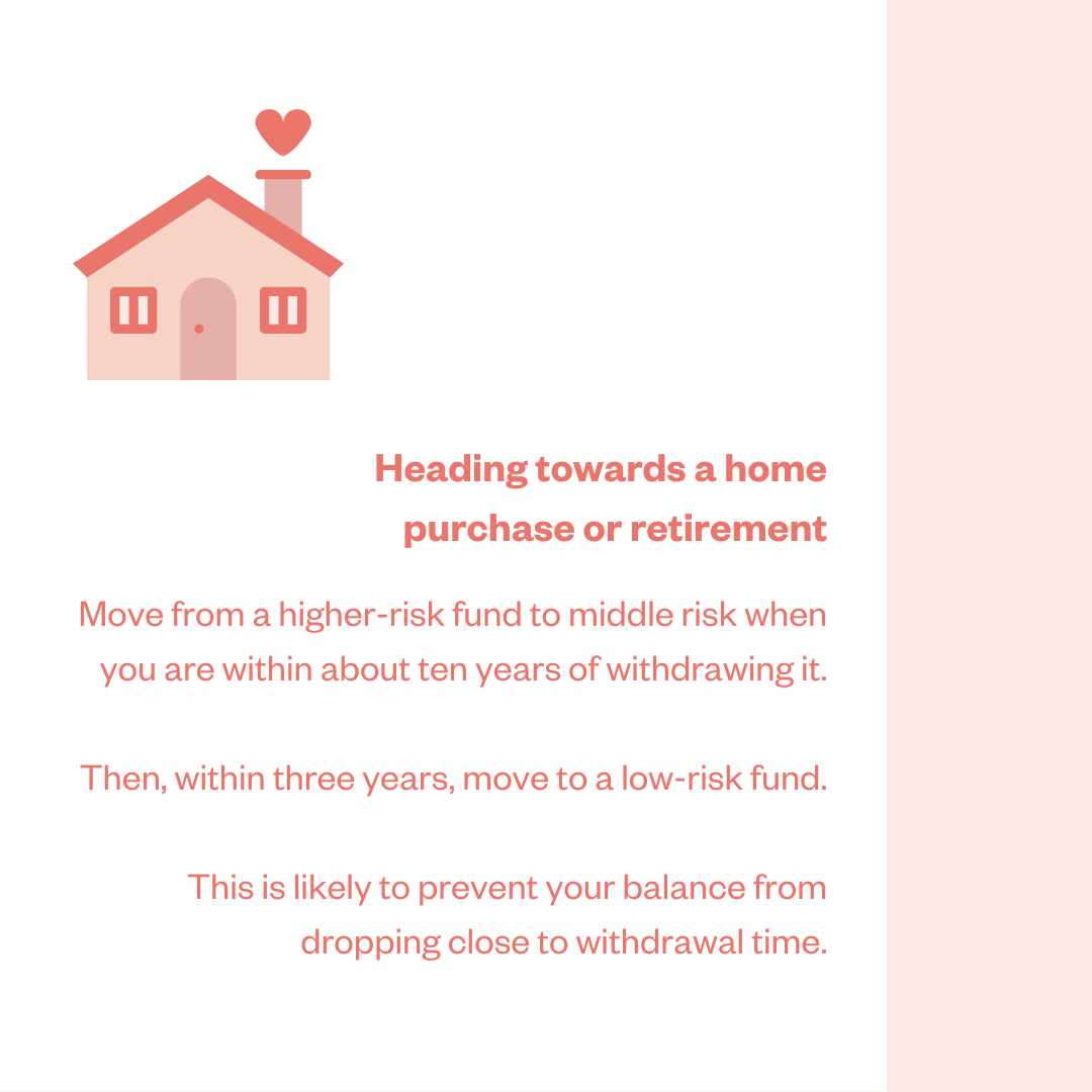 Heading towards a home purchase or retirement. Move from a higher-risk fund to middle risk when you are within about ten years of withdrawing it. Then, within three years, move to a low-risk fund. This is likely to prevent your balance from dropping close to withdrawal time.