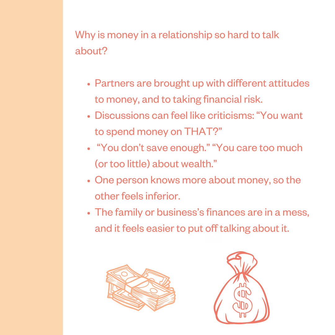 Why is money in a relationship so hard to talk about? • Partners are brought up with different attitudes to money, and to taking financial risk. • Discussions can feel like criticisms: “You want to spend money on THAT?” • “You don’t save enough.” “You care too much (or too little) about wealth.” • One person knows more about money, so the other feels inferior. • The family or business’s finances are in a mess, and it feels easier to put off talking about it.