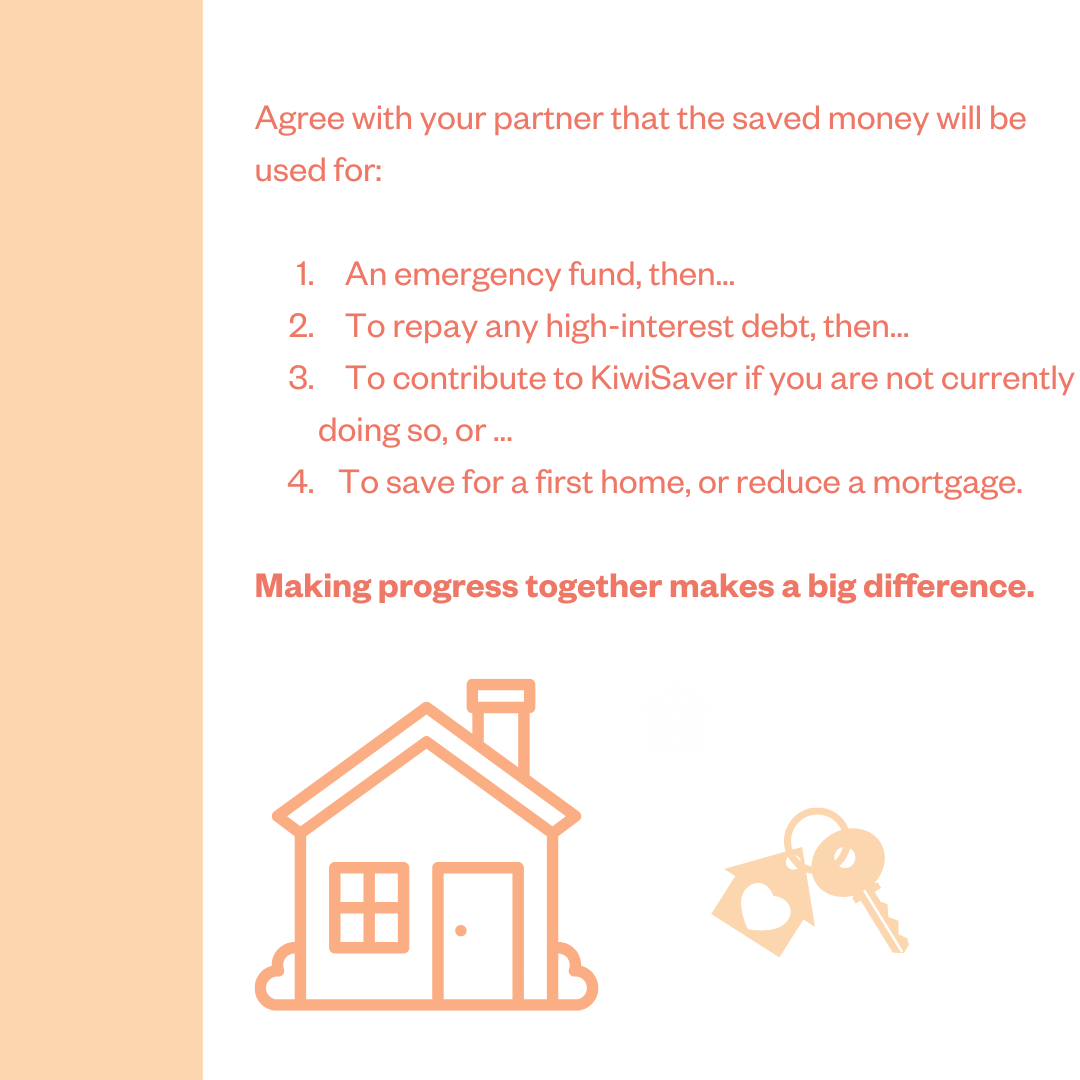 Agree with your partner that the saved money will be used for: 1. An emergency fund, then ... 2. To repay any high-interest debt, then ... 3. To contribute to KiwiSaver if you are not currently doing so, or ... 4. To save for a first home, or reduce a mortgage. Making progress together makes a big difference.