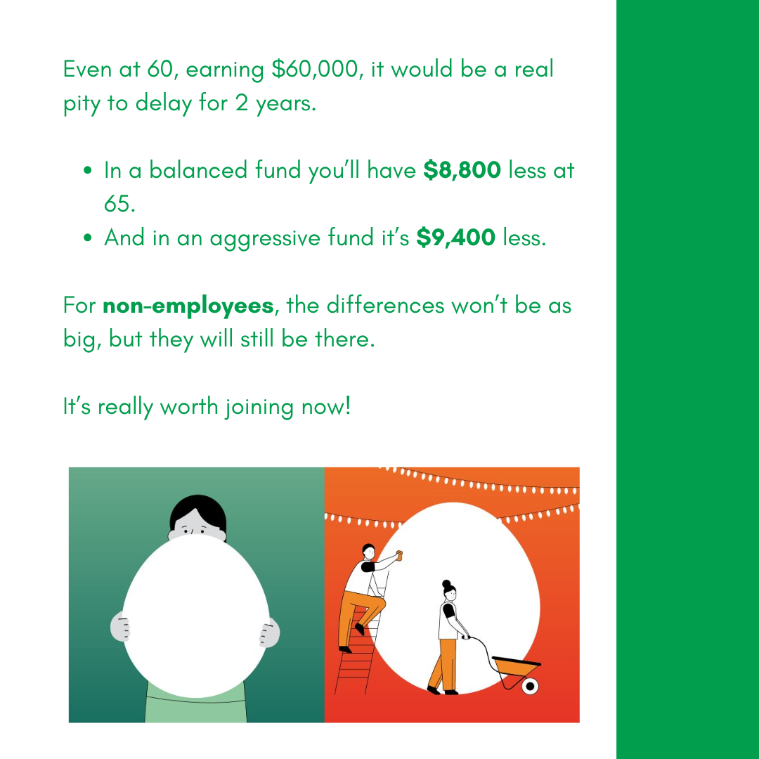 Even at 60, earning $60,000, it would be a real pity to delay for 2 years. • In a balanced fund you'll have $8,800 less at 65. • And in an aggressive fund it's $9,400 less. For non-employees, the differences won't be as big, but they will still be there. It's really worth joining now!