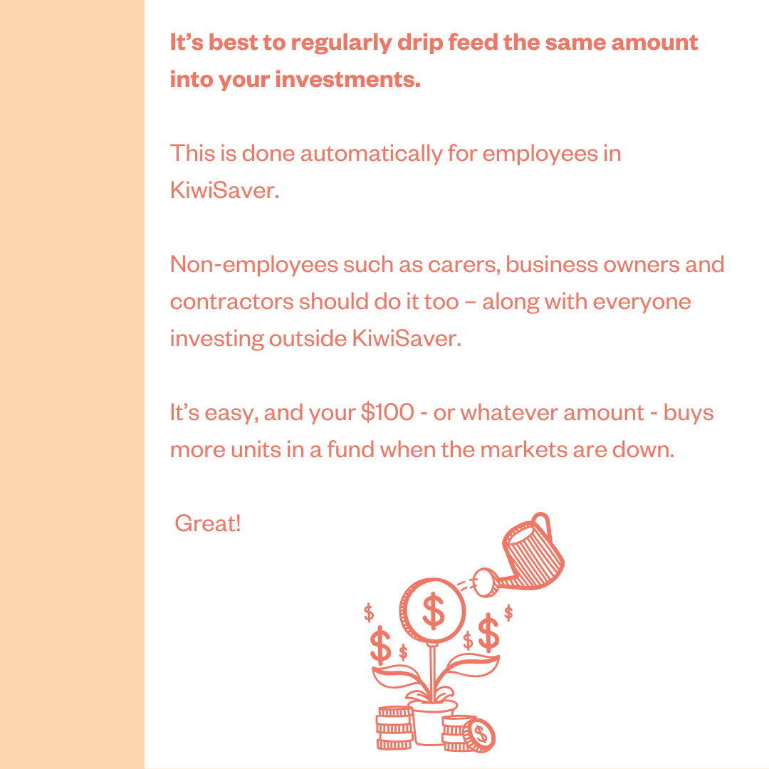 It's best to regularly drip feed the same amount into your investments. This is done automatically for employees in KiwiSaver. Non-employees such as carers, business owners and contractors should do it too - along with everyone investing outside KiwiSaver. It's easy, and your $100 - or whatever amount- buys more units in a fund when the markets are down. Great!